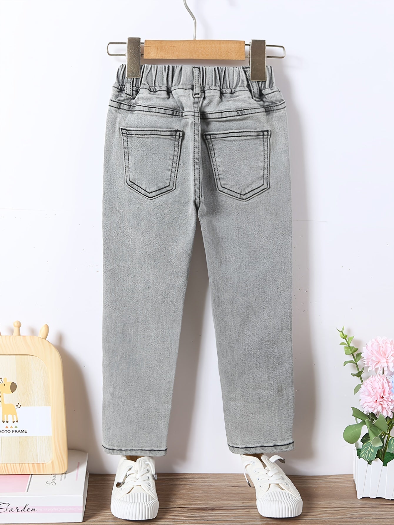 Girls Light Gray Washed Stretch Tapered Denim Trousers