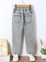 Girls Light Gray Washed Stretch Tapered Denim Trousers