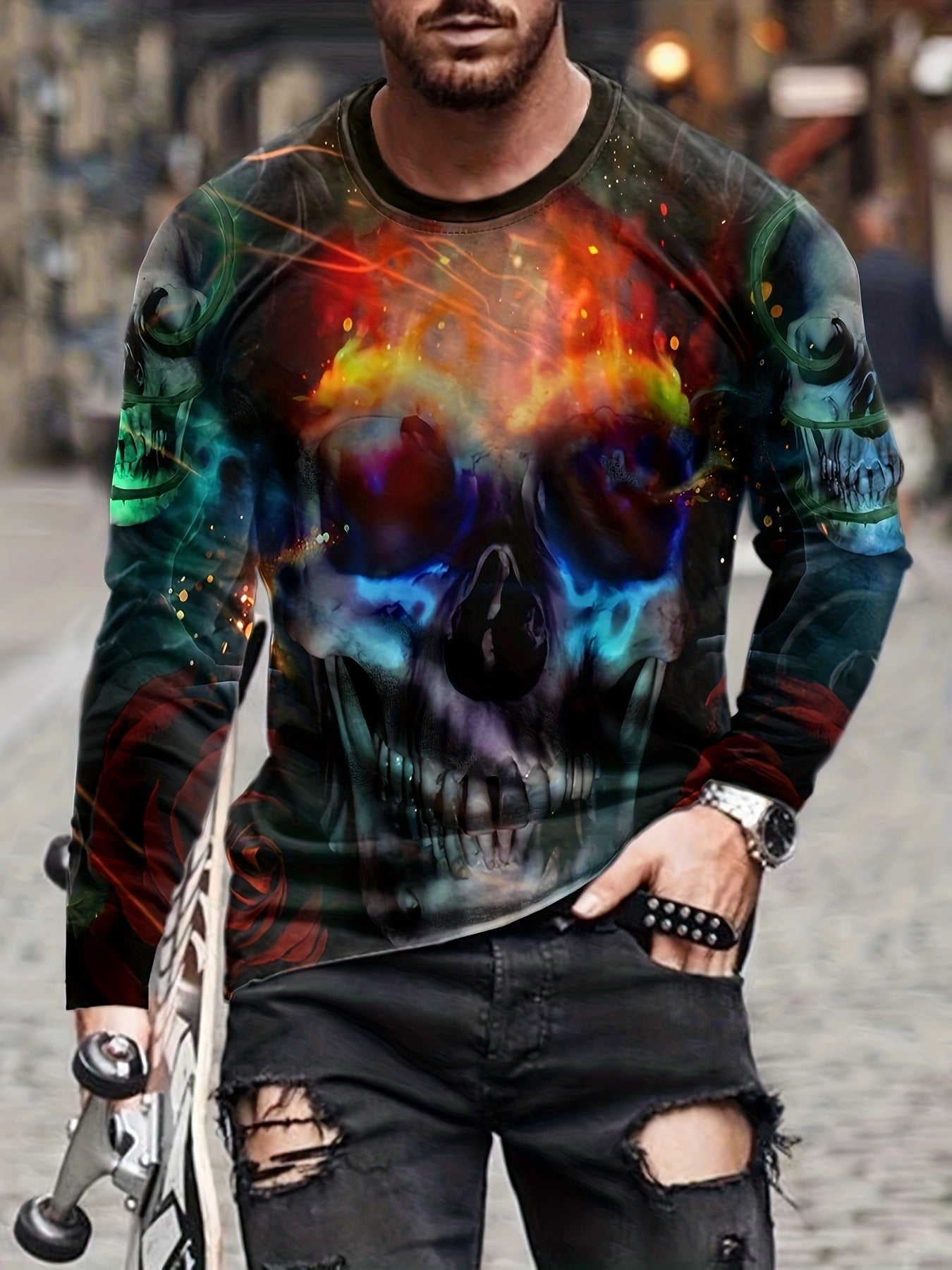 Colorful Skull 3D Print Men's Long Sleeve Novelty T shirt