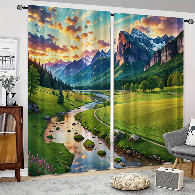2pcs River Mountain Meadow View Curtain Window Curtain