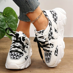Women's Houndstooth Knit Sneakers Lace Up Low Top Platform Shoes