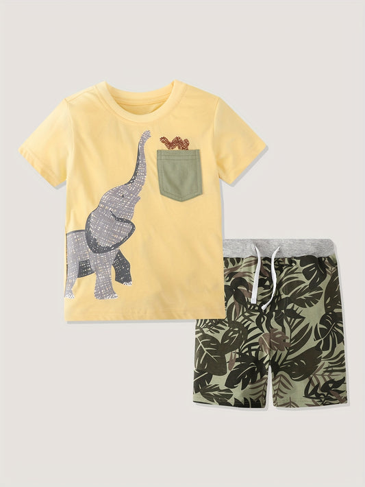 Boys Elephant Print T-shirt & Tropical Leaf Shorts Set