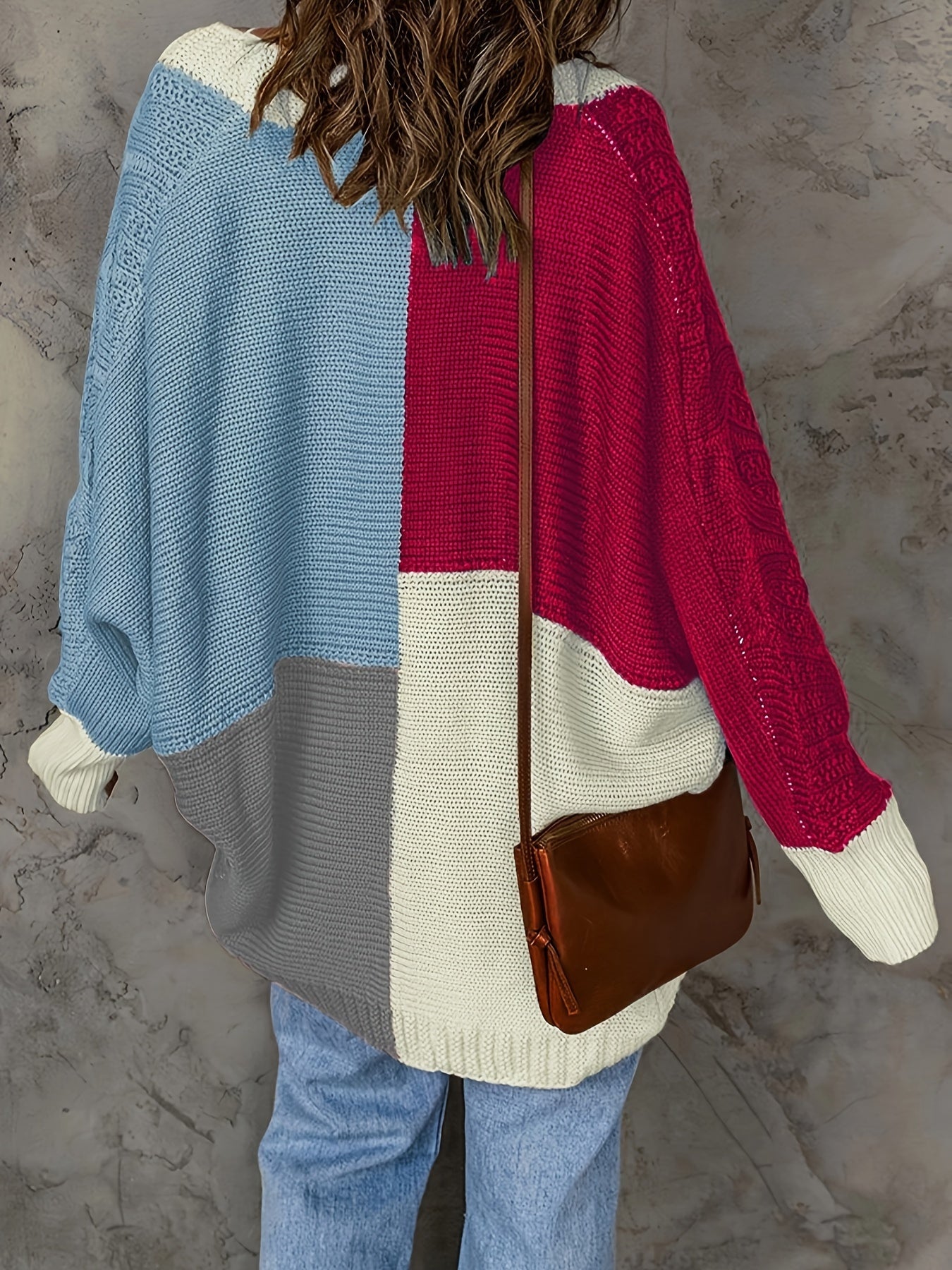  Colorblock Cable Bat Sleeve Cardigan