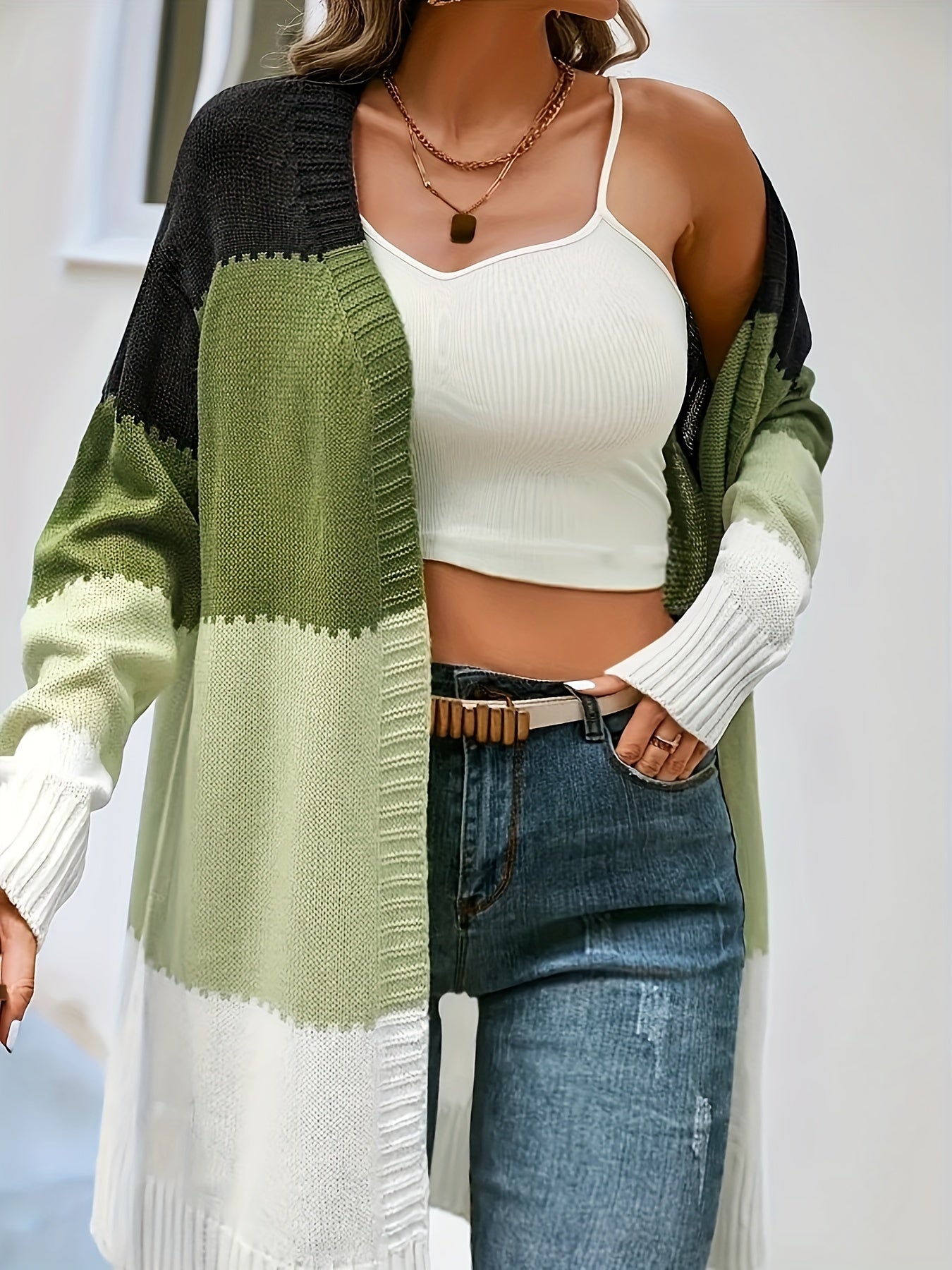 Colorblock Open Front Cardigan