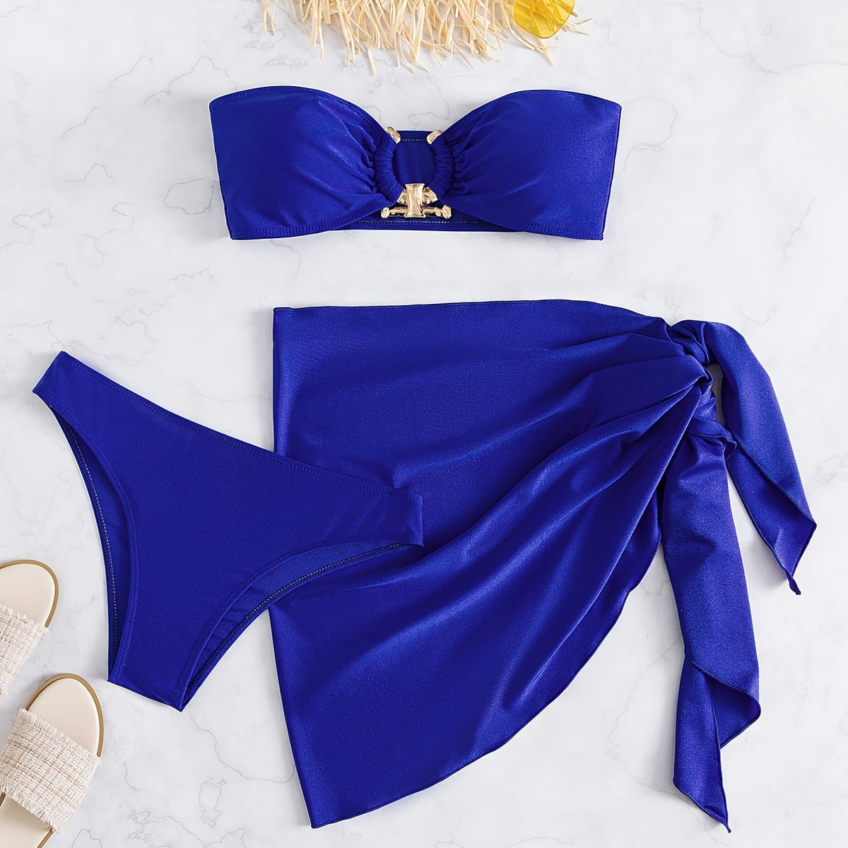 Metal U Ring Bandeau Navy Bikini Set with Cover Up