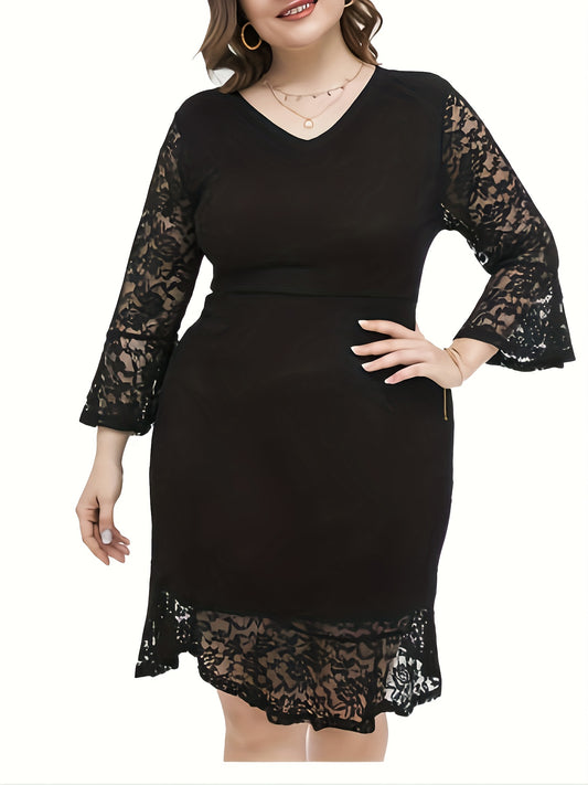  Lace Bell Sleeve V Neck Bodycon Dress