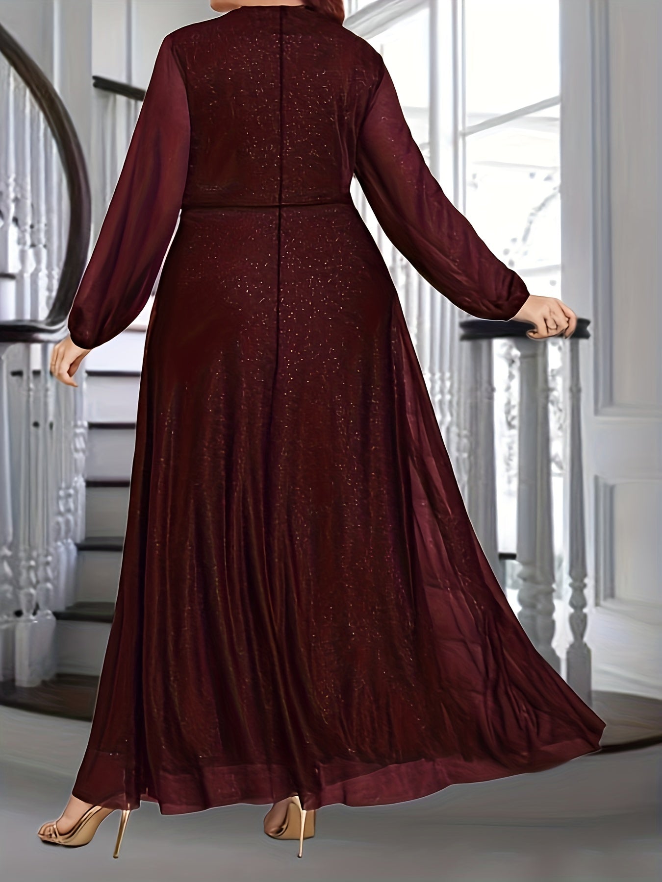  Glitter Sleeve V Neck Maxi Party Dress