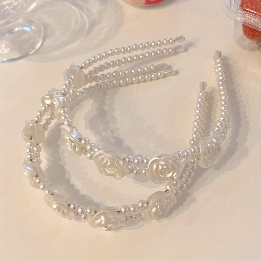 Faux Pearl Hair Band Resin Flower Headband Double Layered Headdress
