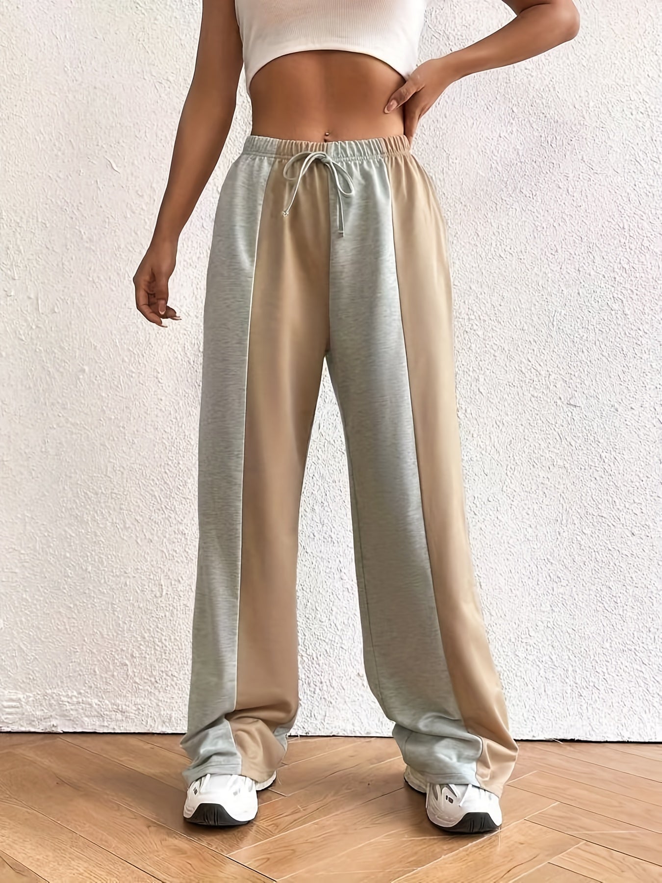  Colorblock Wide Leg Tie Front Pants