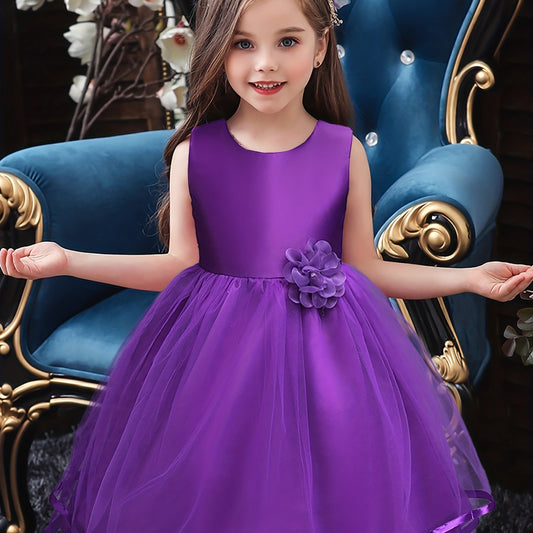 Girls Sleeveless Mesh Princess Dress With Flower Decor
