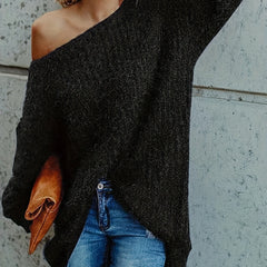  Off Shoulder Solid Sweater Long Sleeve Medium Stretch