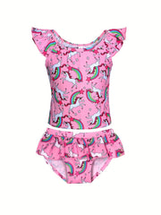Girls Unicorn Bikini Tankini Swimsuit Ruffle Trim Top & Shorts Set