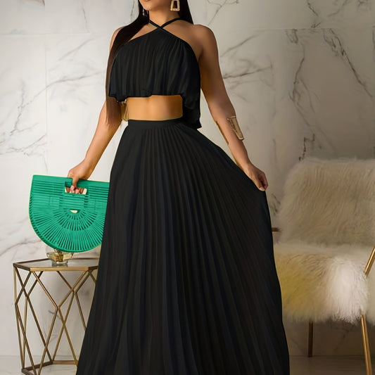 Pleated Two-Piece Set Spaghetti Top & Maxi Skirt Women's Outfit