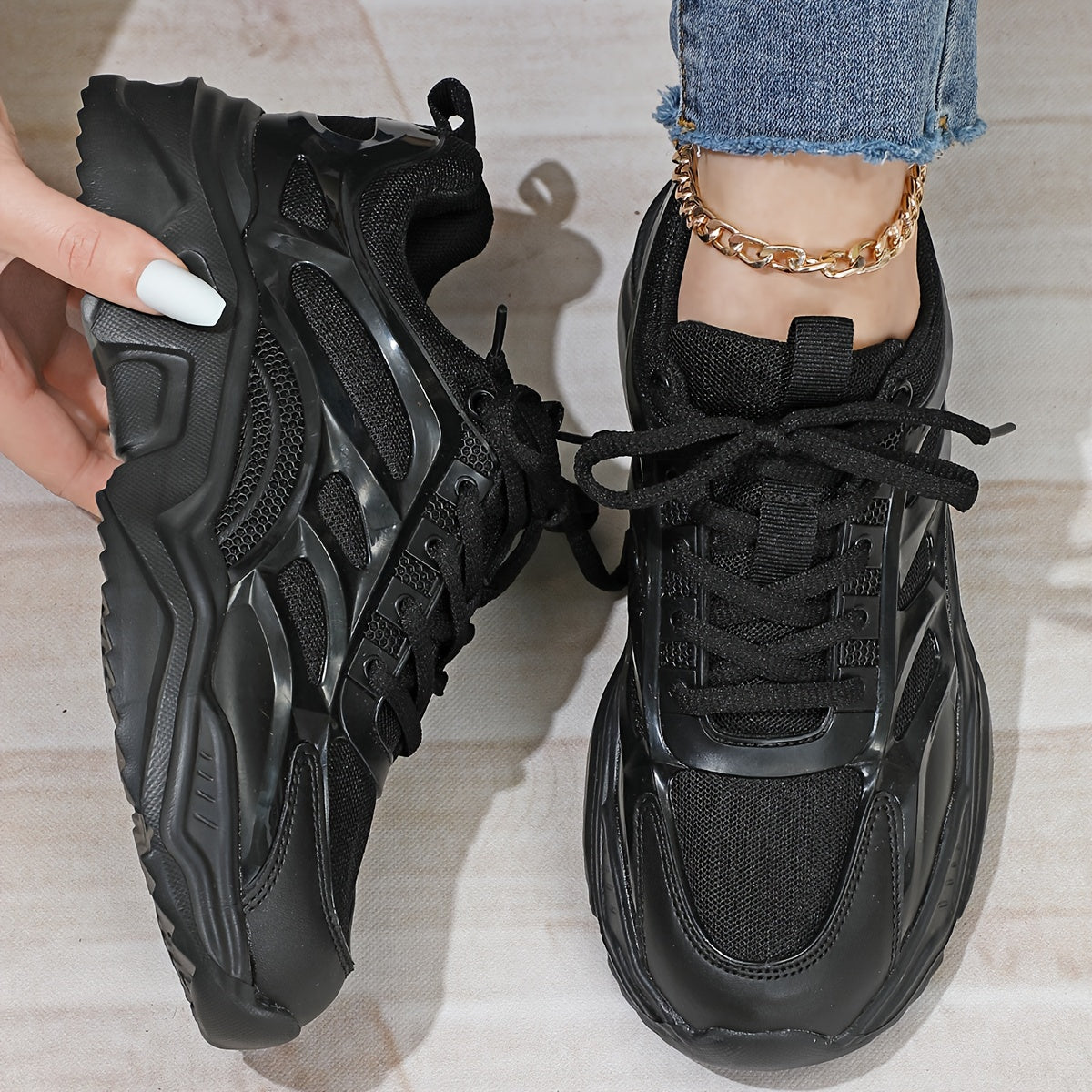 Faux Leather Chunky Sneakers Wear Resistant Shock Absorption Running Shoes