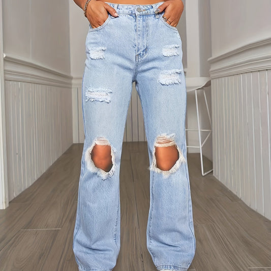 High Waist Ripped Jeans Loose Fit Slash Pockets