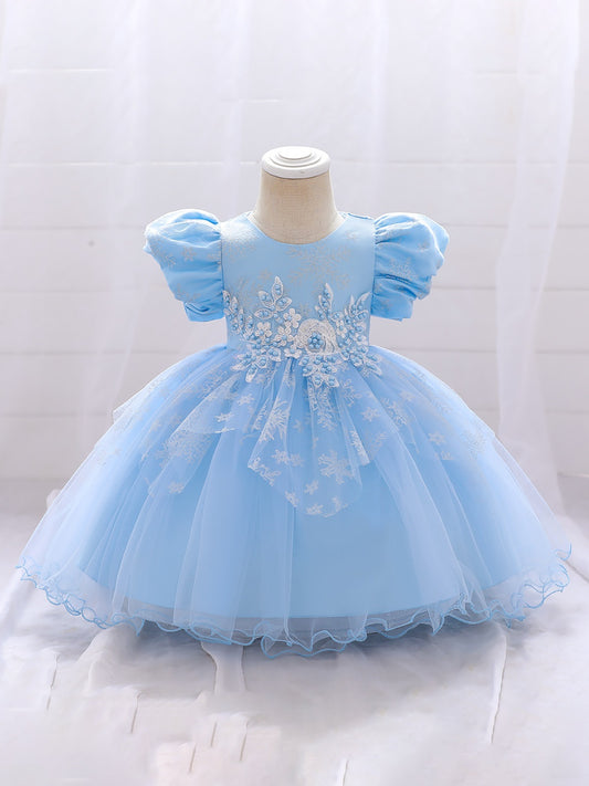 Snow & Pearl Puff Sleeve Birthday Dress