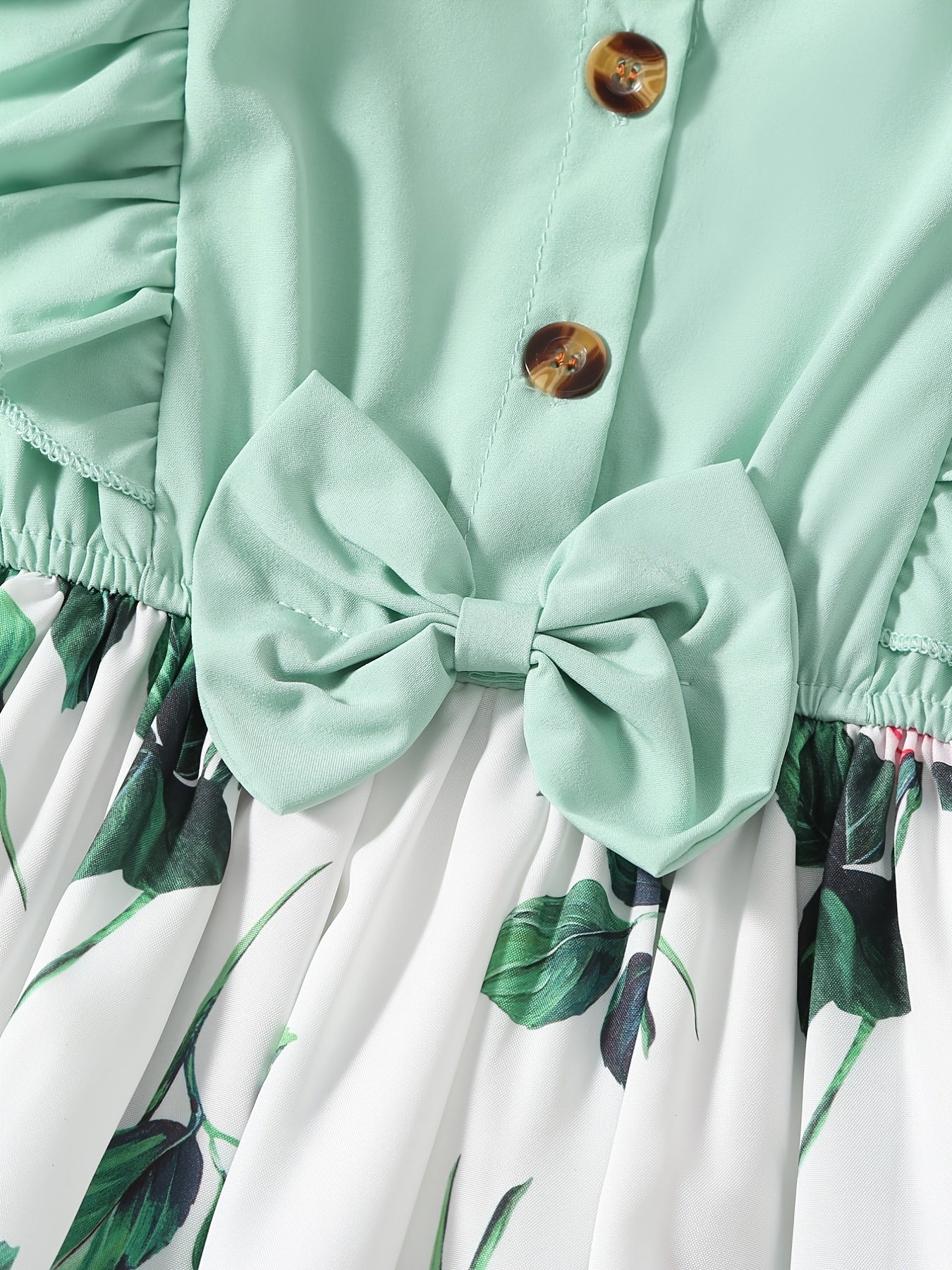 Girls Sleeveless Ruffles Crew Neck Button Flowers Print Bow Decor Princess Dress