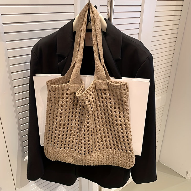 Solid Crochet Bag Hollow Out Knitted Tote Bag