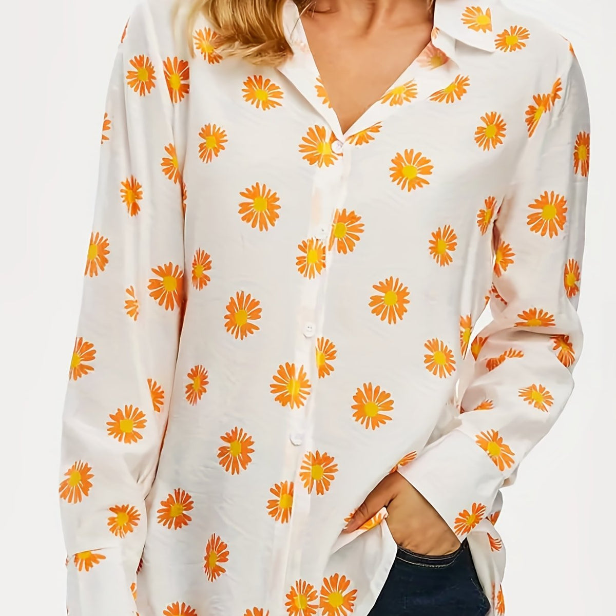  Daisy Print Long Sleeve Button Up Collar Shirt