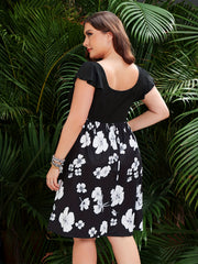 Colorblock Floral Print Cap Sleeve Dress