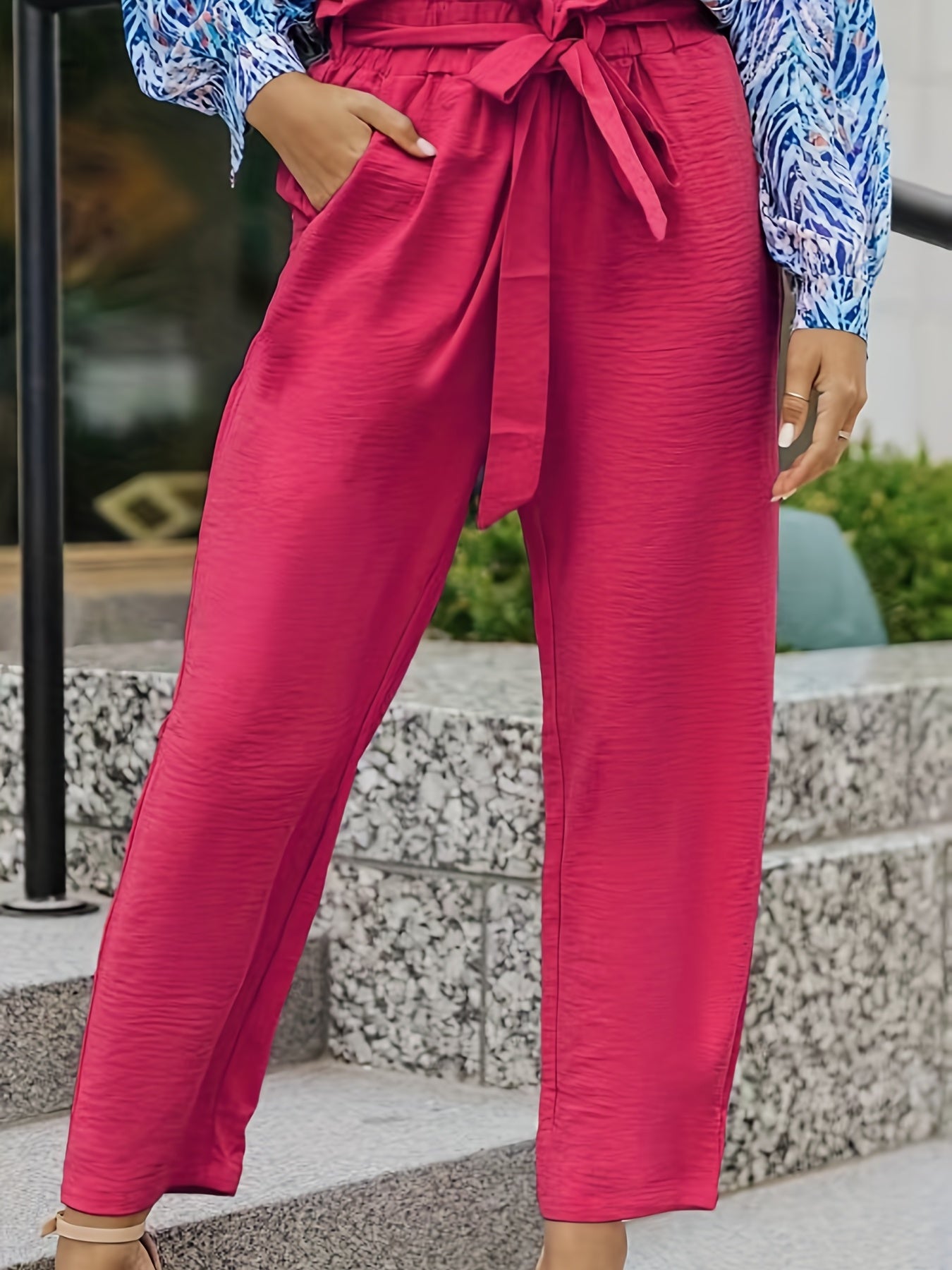  Solid Ruffle Trim Wide Leg Trousers