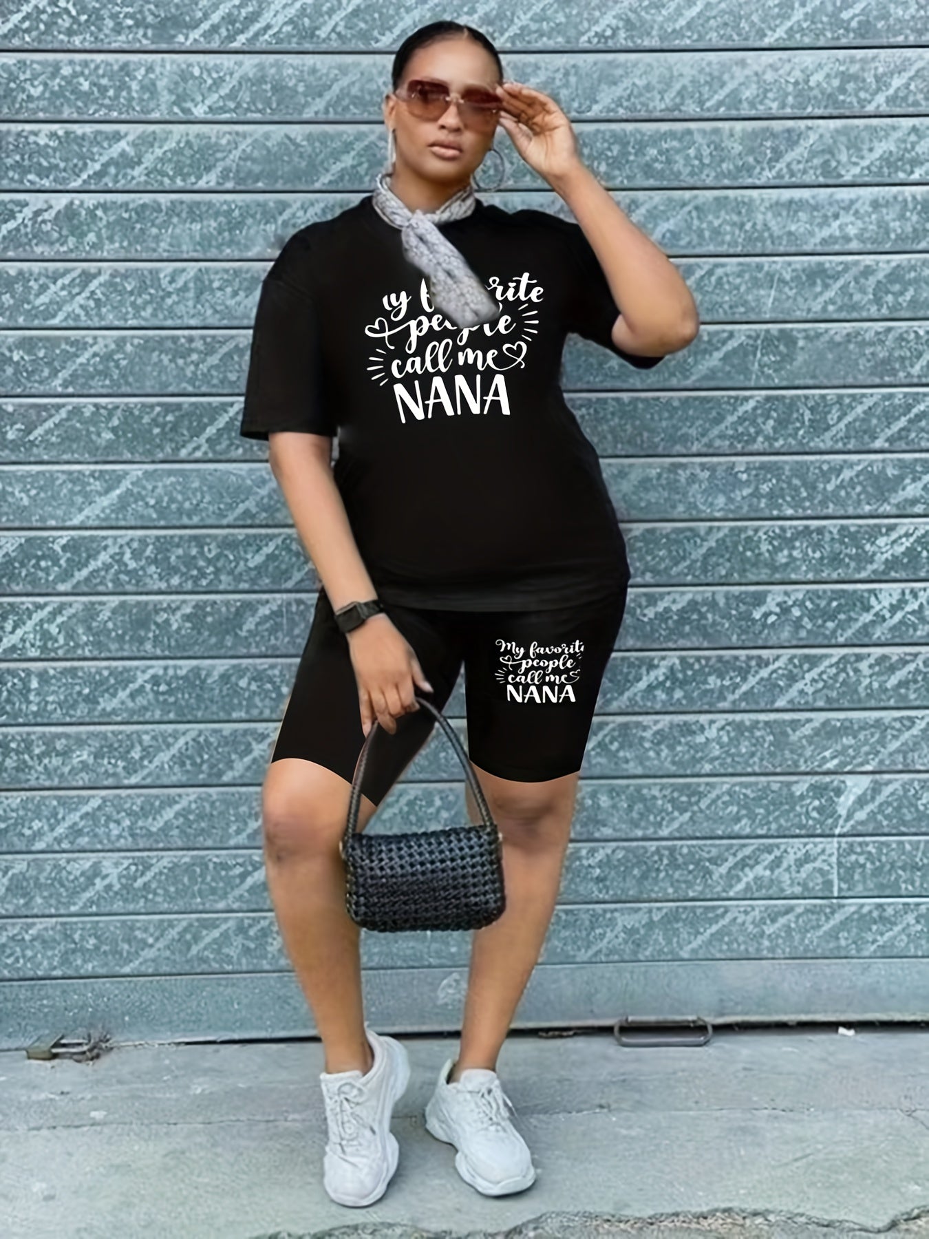 Women's Plus Letter Print Tee & Biker Shorts Set
