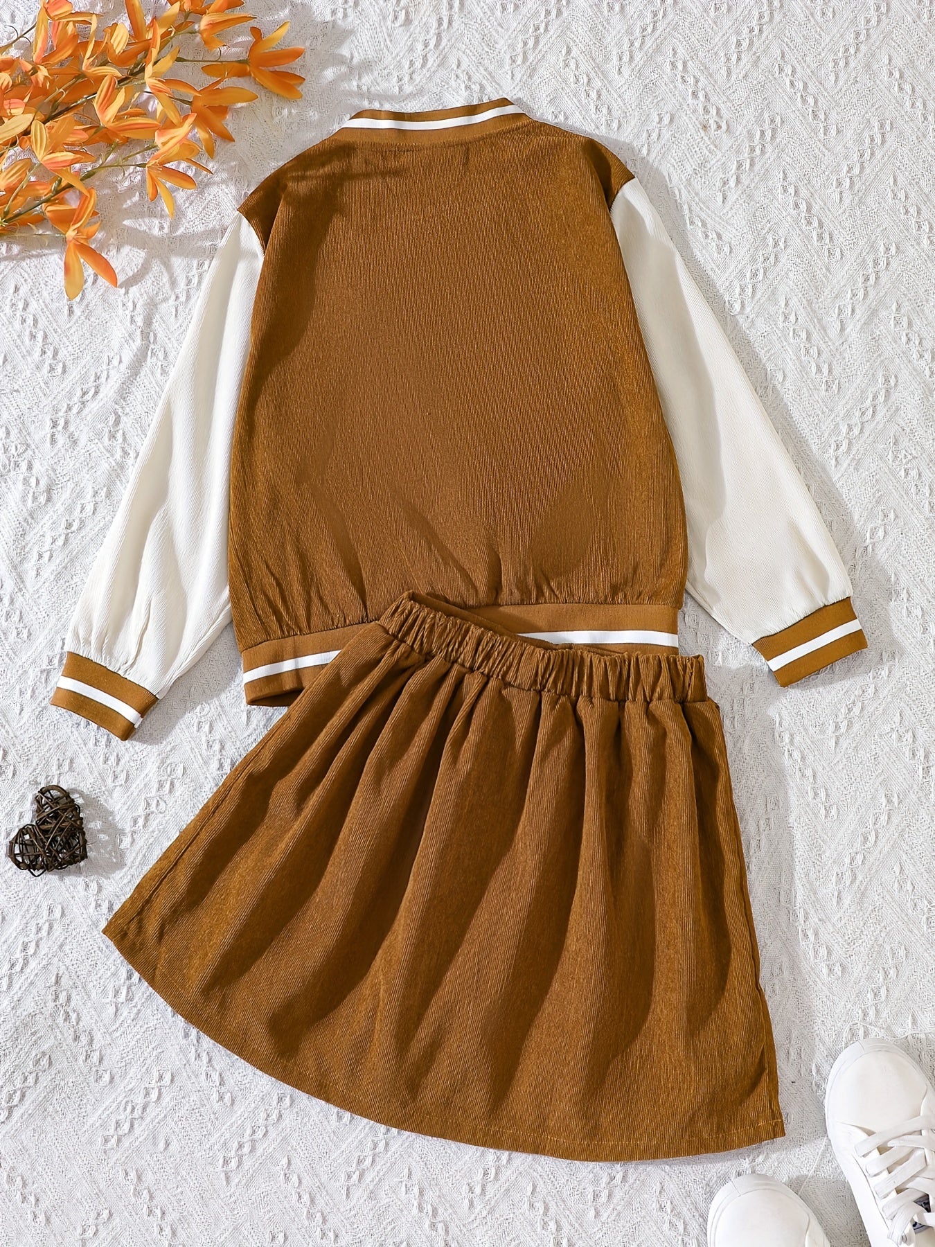 Girls Baseball Jacket & Pleated Skirt Set Letter B Print Corduroy Kid