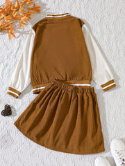 Girls Baseball Jacket & Pleated Skirt Set Letter B Print Corduroy Kid