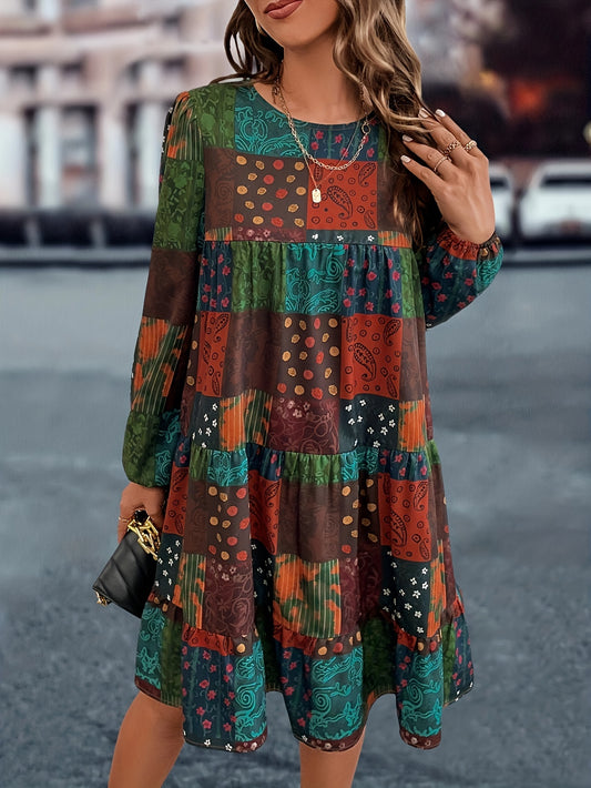  Boho Patchwork Print Lantern Sleeve Round Neck Loose Fit Mini Dress