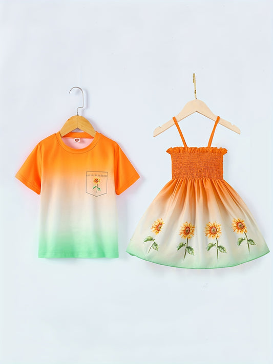 Sibling Matching Gradient Flower Print Shirts&Dress Set