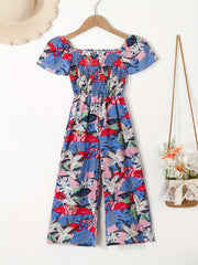 Toddler Girls Flowers Puff Sleeve Rompers Wide Leg Jumpsuits