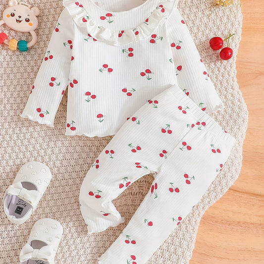 Toddler Girl Cherry Print 2 Piece Set Round Neck Long Sleeve & Trousers