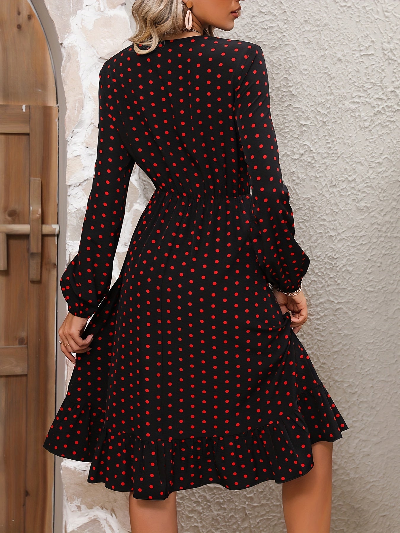 Polka Dot Ruffle Dress V Neck Long Sleeve Loose Fit Summer Women's Clothing