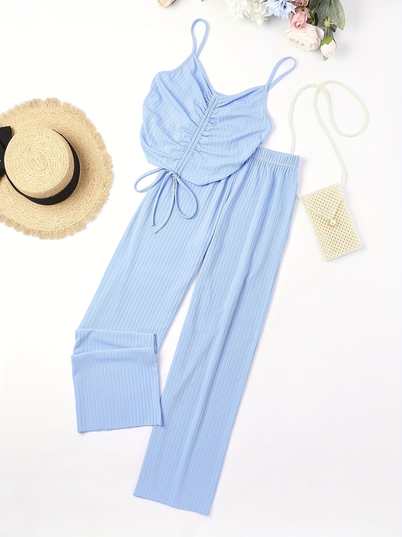 Texture Drawstring Pajama Set Lace Up Sleeveless Cami & Loose Pants