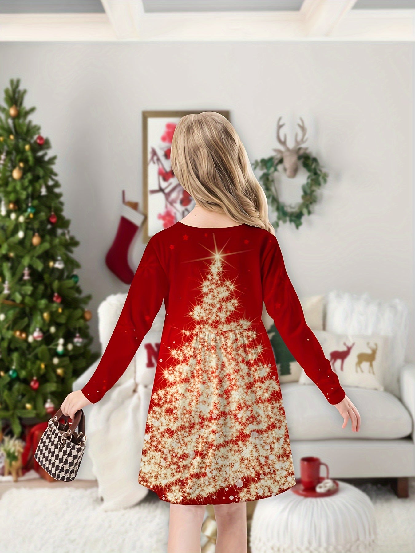 Girls Golden Christmas Tree Long Sleeve Dress 3D Print Spring Fall Christmas