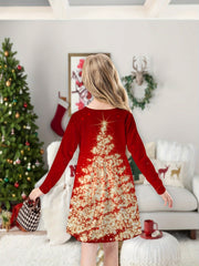 Girls Golden Christmas Tree Long Sleeve Dress 3D Print Spring Fall Christmas