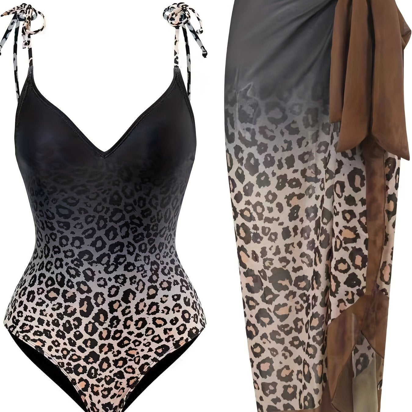 Leopard Print Tie Shoulder One Piece Swimsuit & Side Knot Skirt