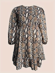  Snake Print Lantern Sleeve Smock Dress