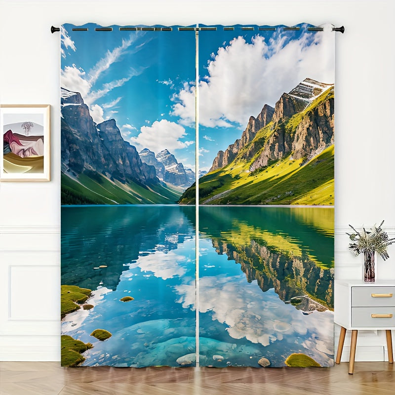 2pcs Mountain Clear River Curtain Window Curtain for Outdoor Shelter Decor