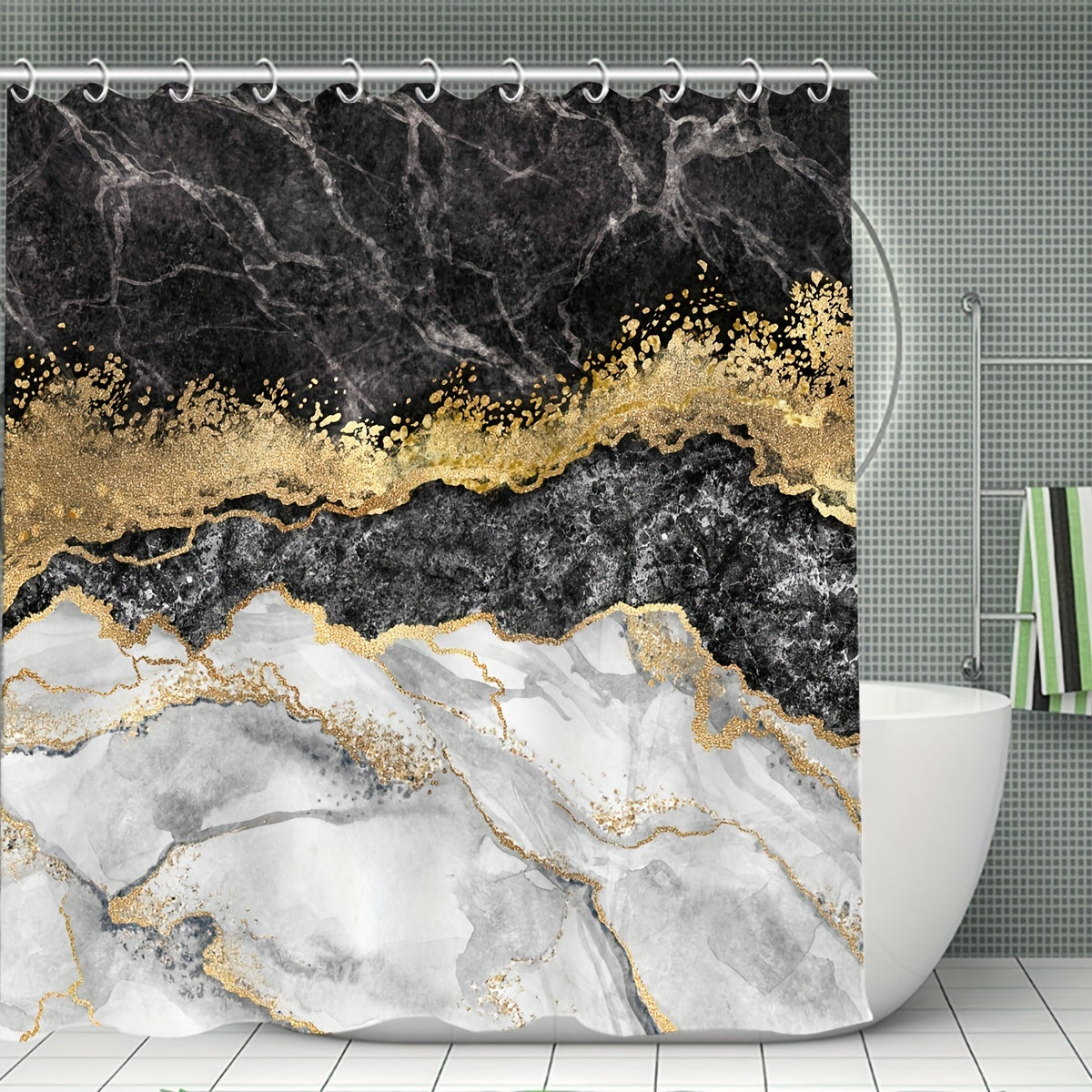 Waterproof Marble Shower Curtain with Rug & Mat Set