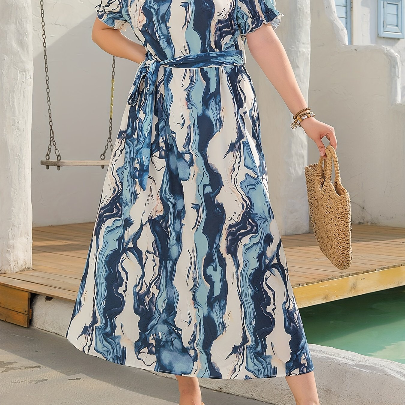  Marble Print Maxi Dress with Belt