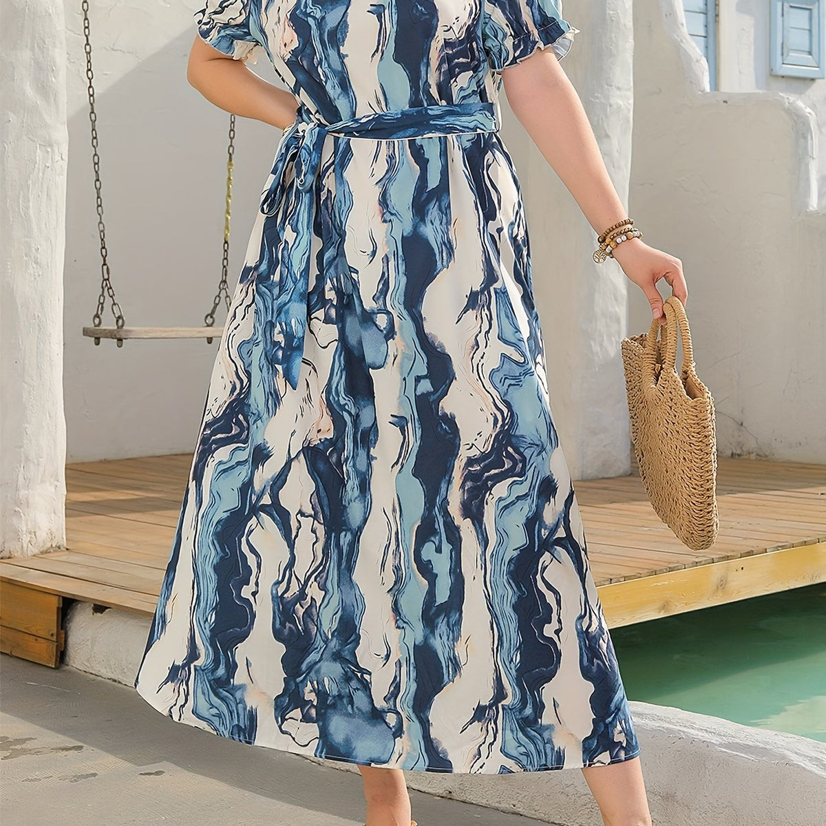  Marble Print Maxi Dress with Belt