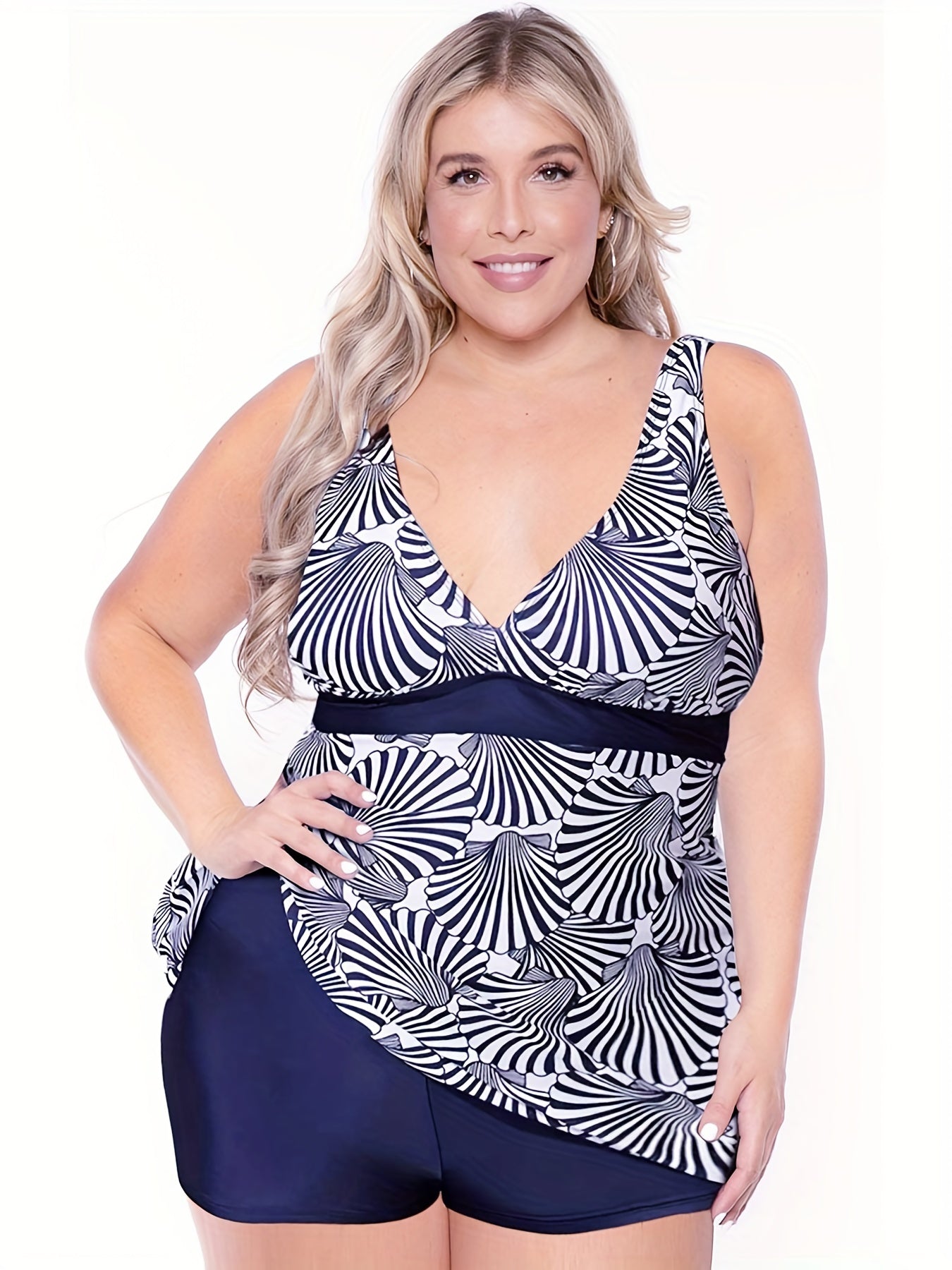  Colorblock Shell Print Bikini Set Women's Plus High Stretch Modest Swi