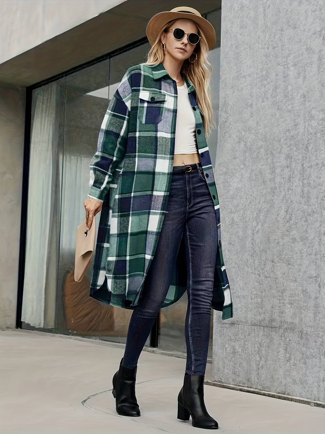  Plaid Print Long Sleeve Button Up Lapel Collar Shirt