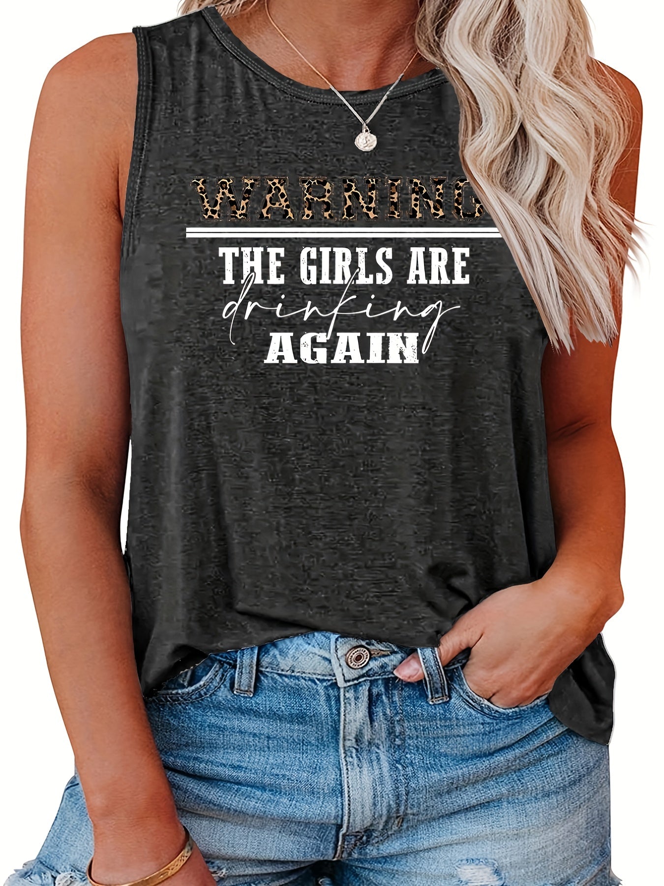 Plus Size Casual Tank Top Women's Plus Slogan Print Round Neck