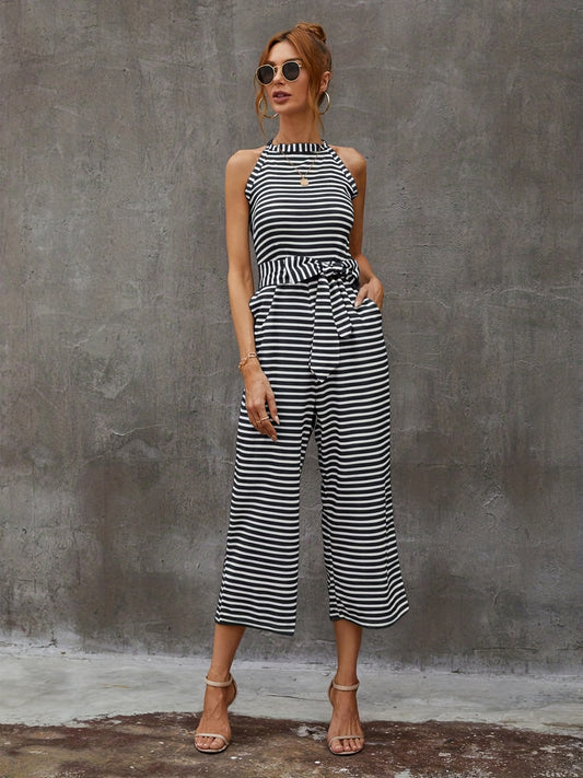 Striped Wide Leg Tie Front Jumpsuit for Women