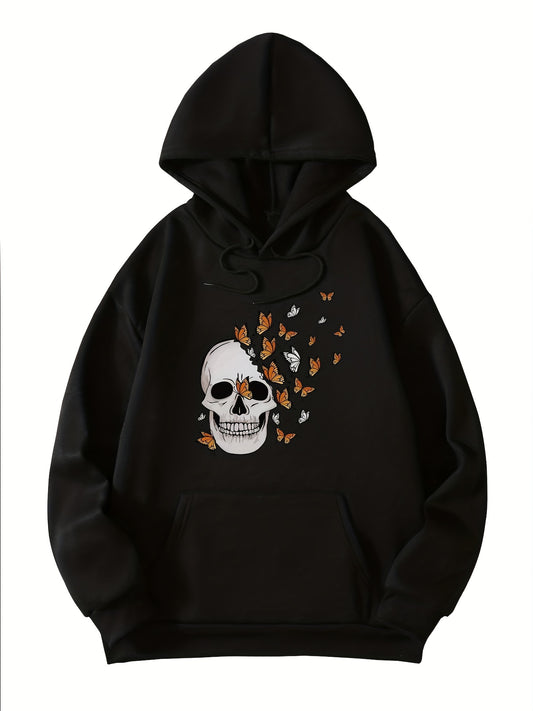 Halloween Skull Print Hooded Sweatshirt Women's Warm Sporty Top