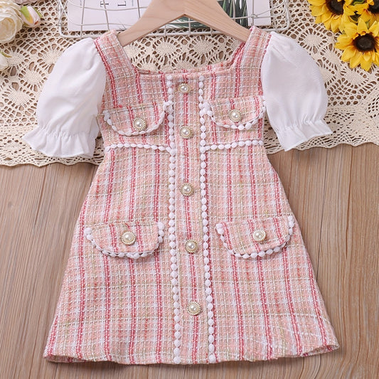 Girls Pearl Button Plaid Patchwork Princess Dress