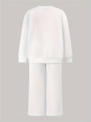 Solid Long Sleeve Round Neck Pullover Top & Pants Two Piece Set