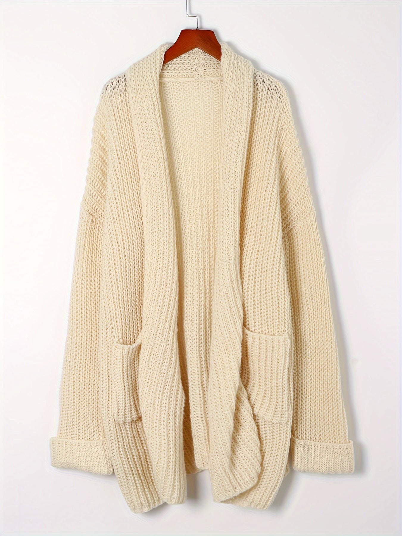  Solid Open Front Sweater Cardigan With Pockets